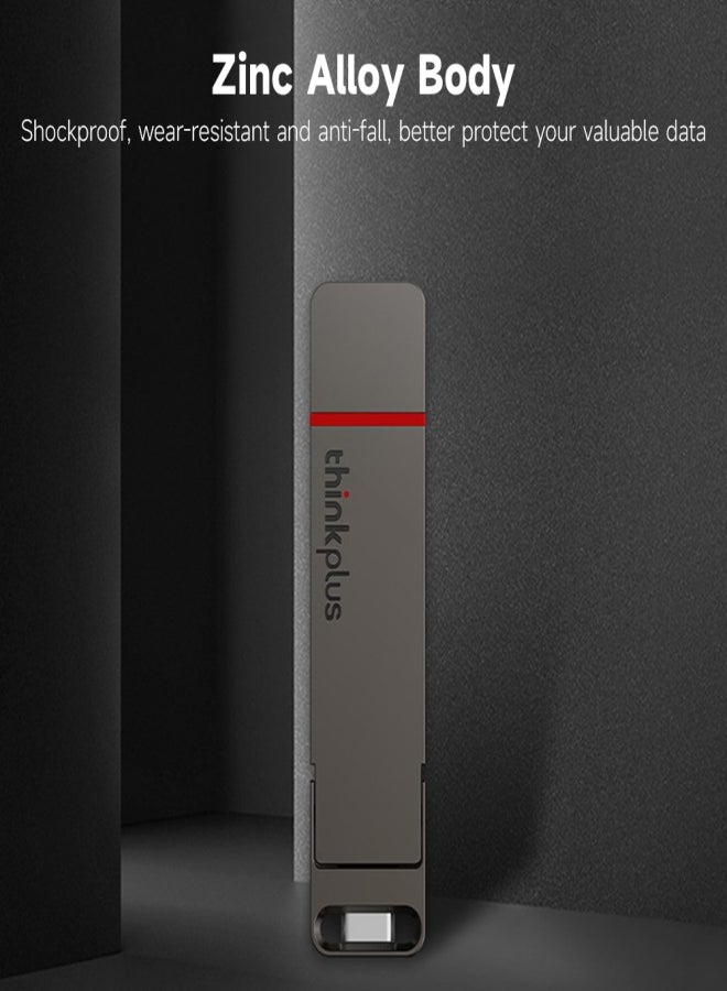 ثينك بلس محرك أقراص فلاش USB محمول من نوع Thinkplus TU200 Pro بسعة 128 جيجابايت، مزود بمنفذي USB 3.2 و Type-C، مصنوع من المعدن، يتميز بسرعة نقل بيانات عالية، لون رمادي. - Image 3
