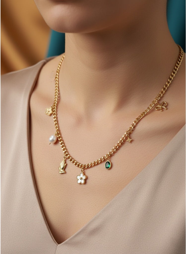 FLUFFY Women’s Necklace Floral Pearl Stone Pendant Layered - Image 1