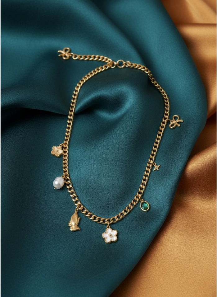 FLUFFY Women’s Necklace Floral Pearl Stone Pendant Layered - Image 2