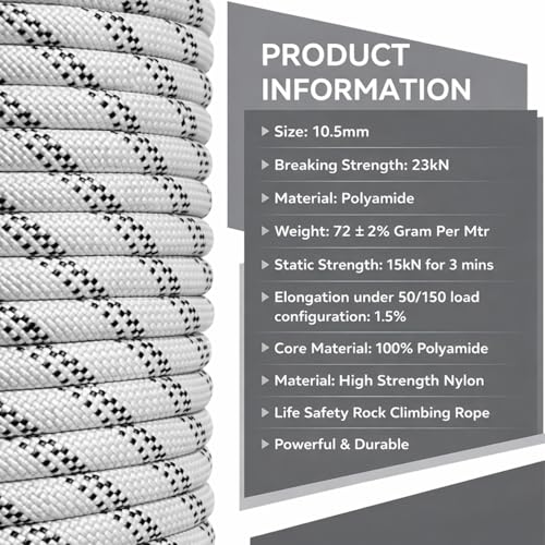 White Tech Premium Climbing Rope (10.5MM, 50MTR) 23 KN Breaking Strength - Ideal for Mountaineering & Rock Climbing, Rappelling Rope, Rescue and Safety Durable Nylon Construction - Lightweight - Image 2
