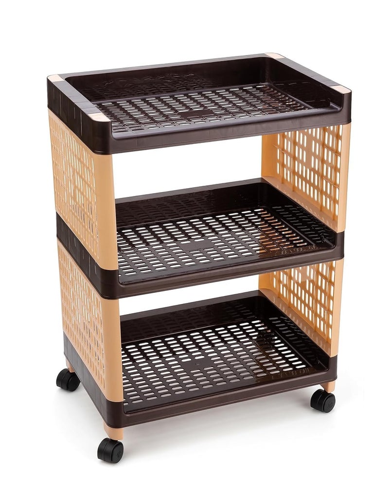 TRIONZZAMultipurpose Plastic Trolley with 4 Wheels Rack for Kitchen Fruit Vegetable Storage Basket Organizer Stand Kitchenware Food Snacks 3 Layer MultiPurpose Step Shelf Storage Rack Brown