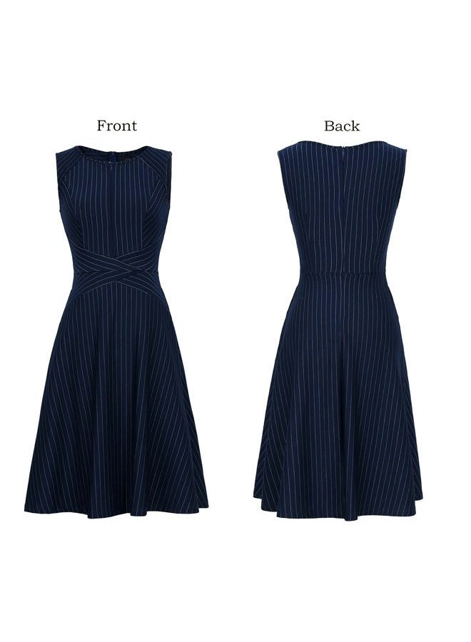 VFSHOW Womens Elegant Front Zipper Slim Work Business Office Party Cocktail A-Line Dress, Navy Blue/White, S - Image 4