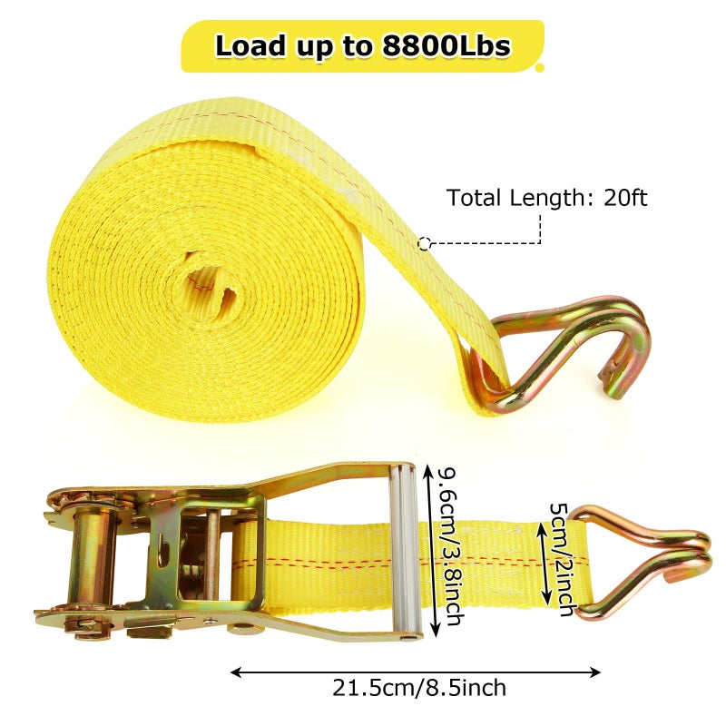 LISHINE 4 Pack 2 Inch Ratchet Straps Heavy Duty 20ft Tie Down Straps Ratchet with Double J Hook, 10000 LBS Break Strength, Cargo Ratchet Straps for Moving, Truck, Trailers, Motorcycles, Kayaks, Car Roof - Image 2