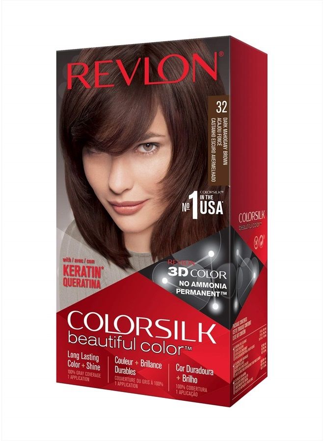 Revlon ريفلون كولورسيلك لون جميل، صبغة شعر دائمة مع كيراتين، تغطية 100% للشيب، خالية من الأمونيا، 32 بني محمر داكن - Image 1