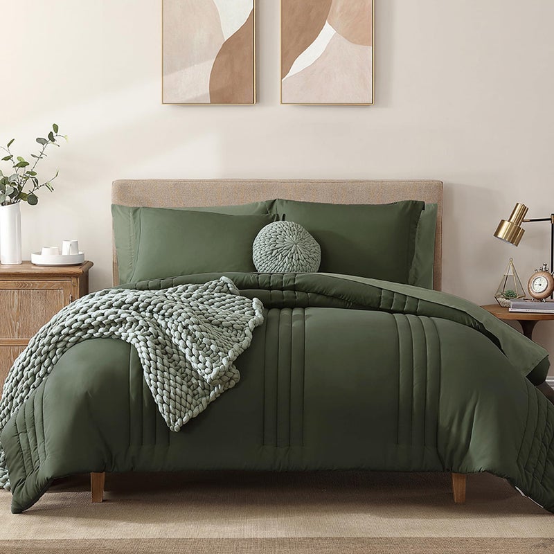 Monbix Queen Comforter Set - 7 Pieces Olive Green Bed in a Bag Queen Bedding Sets with Comforters, All Seasons Comforter Bed Set with Sheets, Pillowcases & Shams - Image 1