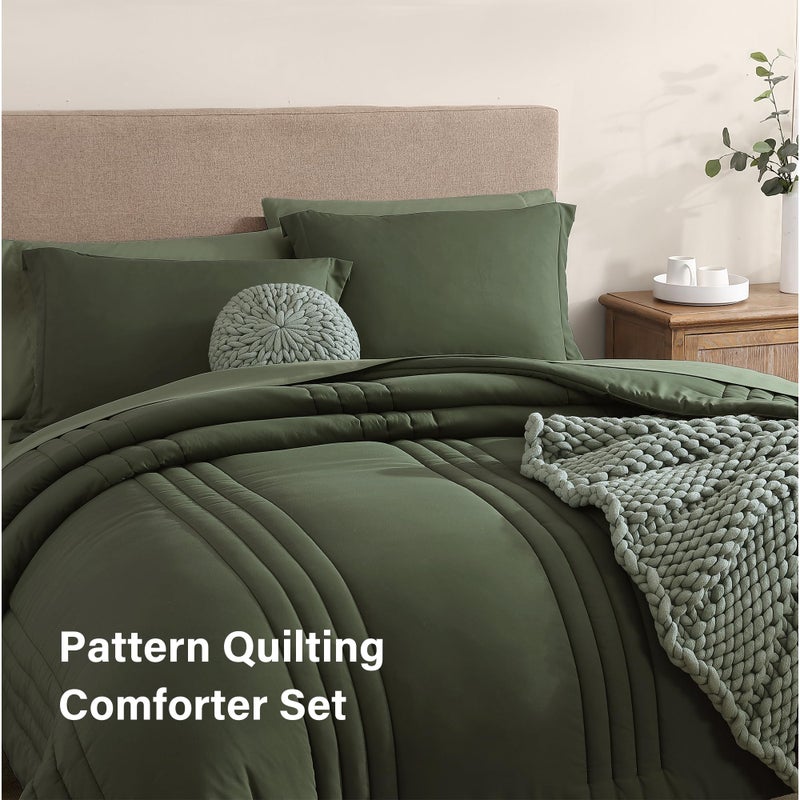 Monbix Queen Comforter Set - 7 Pieces Olive Green Bed in a Bag Queen Bedding Sets with Comforters, All Seasons Comforter Bed Set with Sheets, Pillowcases & Shams - Image 4