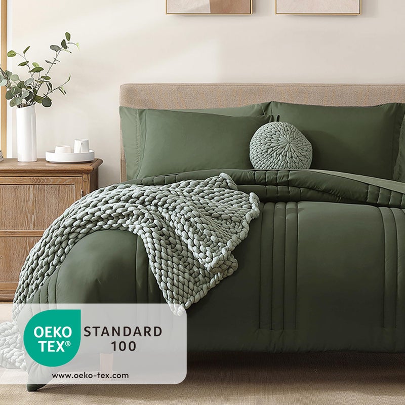 Monbix Queen Comforter Set - 7 Pieces Olive Green Bed in a Bag Queen Bedding Sets with Comforters, All Seasons Comforter Bed Set with Sheets, Pillowcases & Shams - Image 3