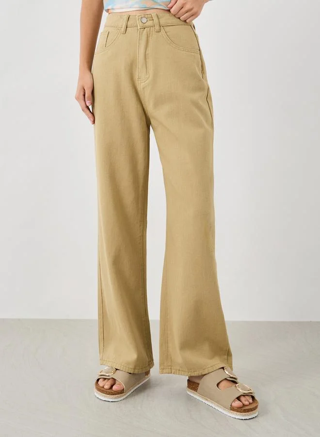 تايك تو Take Two Solid Mid Rise Wide Leg Jeans