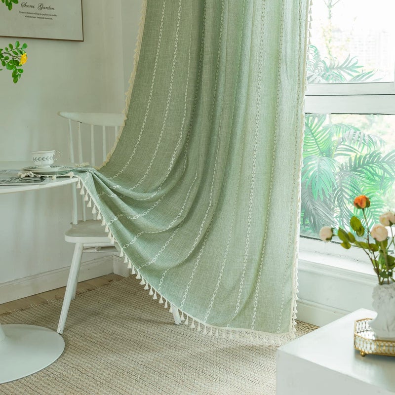 Deeprove Green Boho Curtains 84 Inches Long for Bedroom Living Room  Cotton Linen Weighted Stripes Embroidery  Semi Blackout Bohemian Farmhouse Window Treatment Drape Tassels 1 Panel W52 x L84 Sage - Image 1