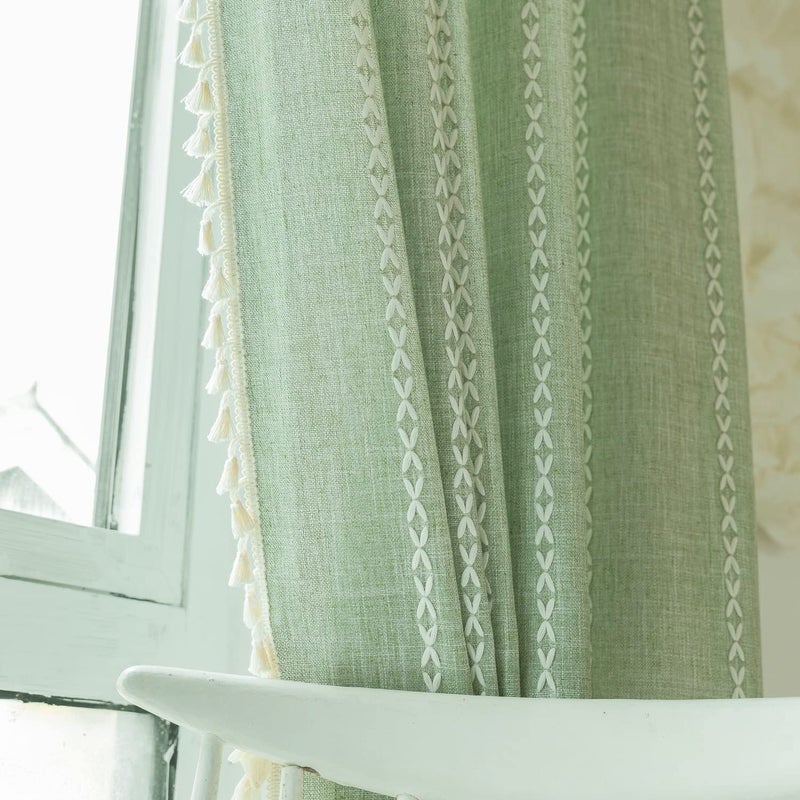 Deeprove Green Boho Curtains 84 Inches Long for Bedroom Living Room  Cotton Linen Weighted Stripes Embroidery  Semi Blackout Bohemian Farmhouse Window Treatment Drape Tassels 1 Panel W52 x L84 Sage - Image 4