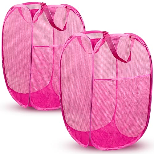 DUCOO Pop Up Laundry Hamper, 70L Collapsible Mesh Laundry Basket with Side Pocket, Foldable Dirty Clothes Hamper with Sturdy Reinforced Handles for Home Dorm Bedroom Travel Storage, Pink, 2Pack - Image 1
