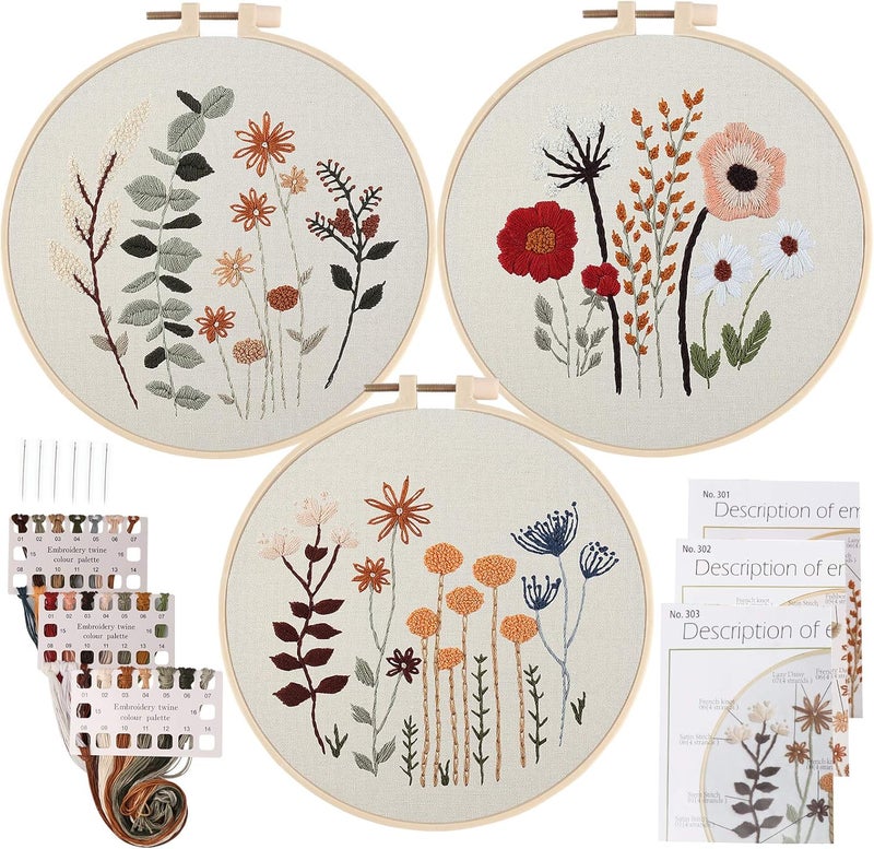 Uphome 3 Pack Embroidery Starter Kit for Beginners Stamped Cross Stitch Kits with Cute Flowers and Plants Patterns with 1 Embroidery Hoop and Color Threads for Adults Kids - Image 1