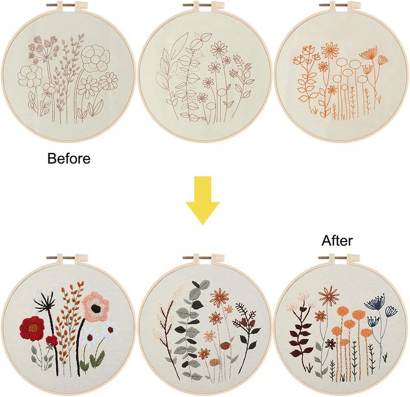 Uphome 3 Pack Embroidery Starter Kit for Beginners Stamped Cross Stitch Kits with Cute Flowers and Plants Patterns with 1 Embroidery Hoop and Color Threads for Adults Kids - Image 2