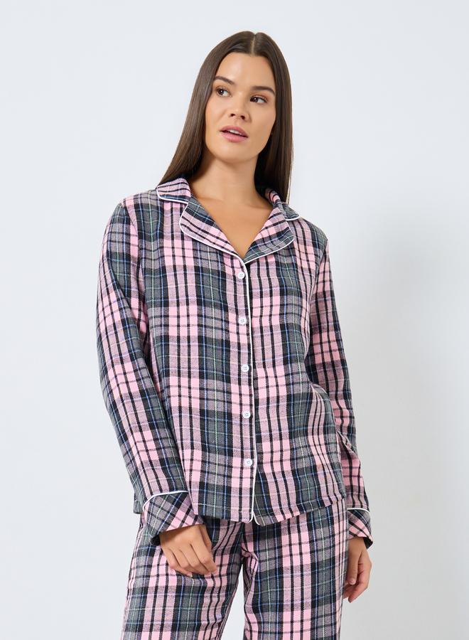 ستايلي طقم قميص بنقشة مربعات وأزرار أمامية مع بنطال - Image 3