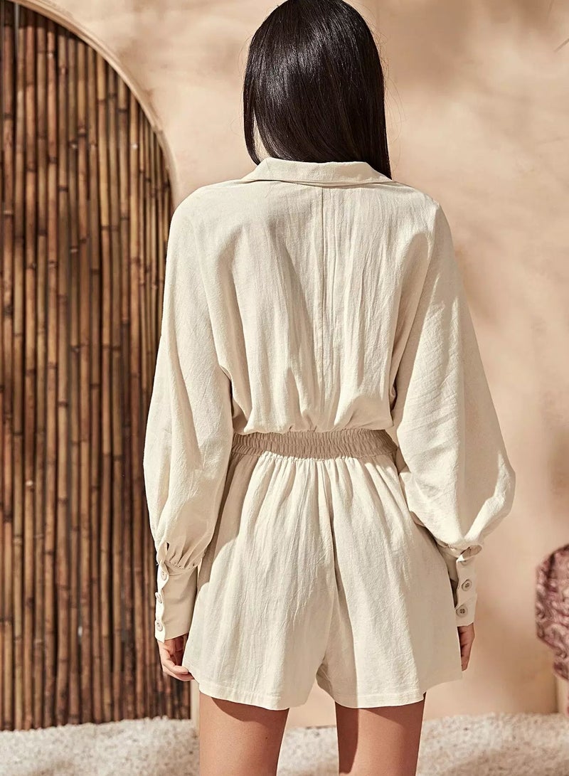 Lantern Sleeve Shirred Waist Blouson Shirt Romper - Image 2
