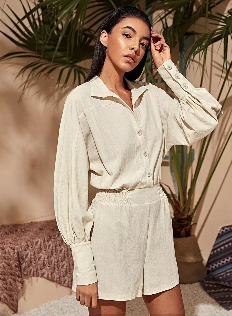 Lantern Sleeve Shirred Waist Blouson Shirt Romper - Image 4