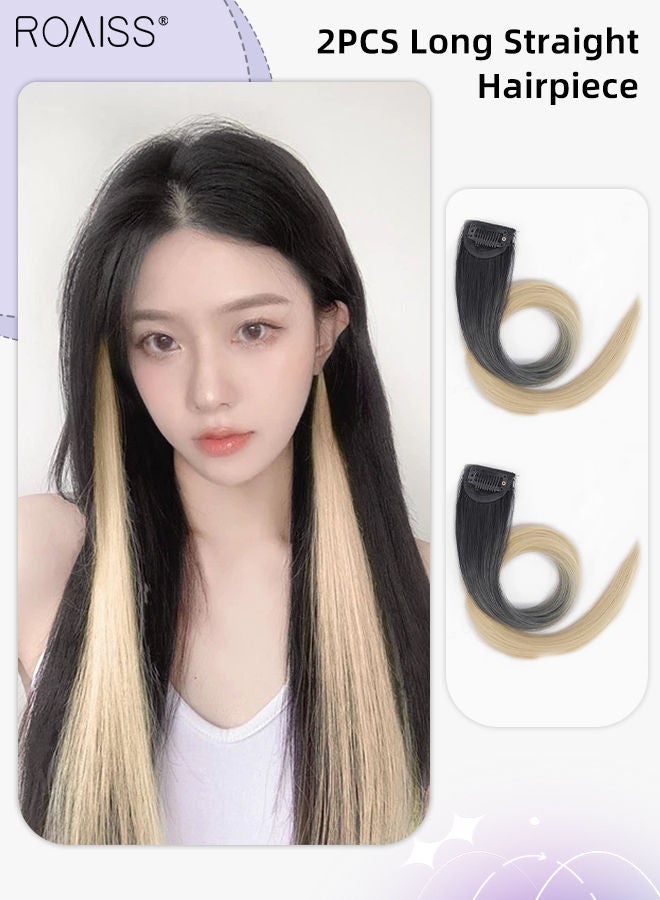 roaiss Women's Long Straight Gradient Synthetic Wig, Highlighted Gradient Invisible Natural One-piece Straight Hair for Women Daily Use 2 Pcs Set 50cm (20 inch) - Gradient Brown Black Linen Gold  - Image 1