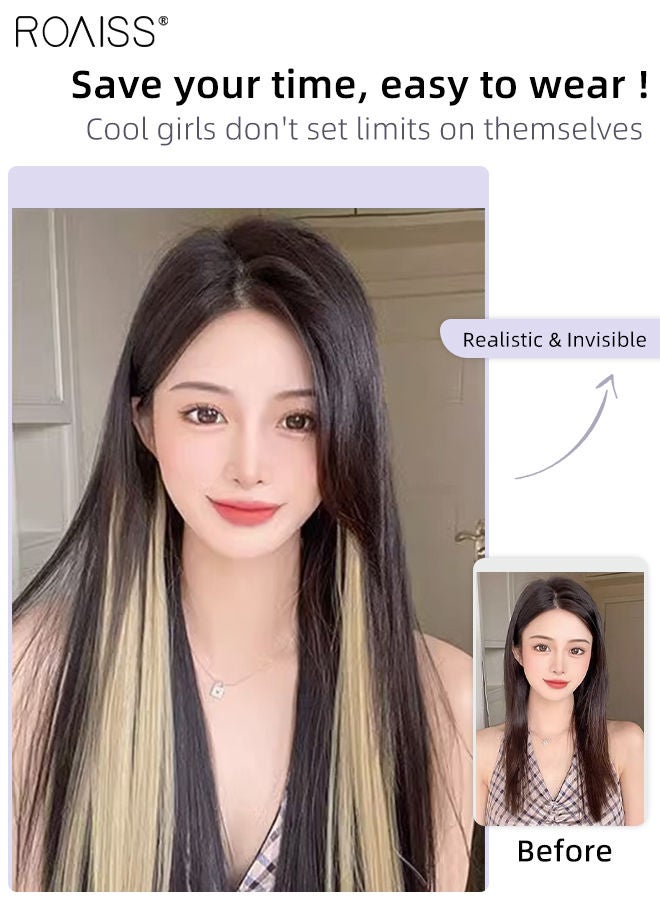roaiss Women's Long Straight Gradient Synthetic Wig, Highlighted Gradient Invisible Natural One-piece Straight Hair for Women Daily Use 2 Pcs Set 50cm (20 inch) - Gradient Brown Black Linen Gold  - Image 2