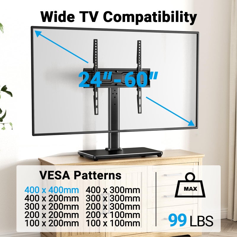 PERLESMITH Universal Swivel TV Stand for 24-60 inch TVs up to 99 lbs, 12 Height Adjustable Table Top TV Stand, TV Base Stand with Tempered Glass Base, Max VESA 400x400mm, PSTVS33 - Image 2