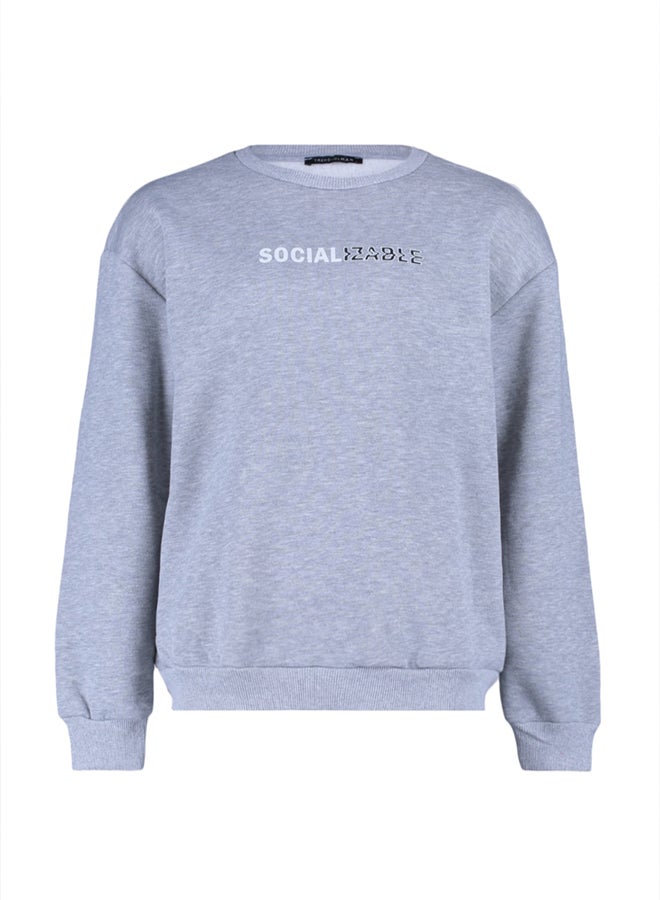 trendyol Grey Oversize/Wide Cut Slogan Printed Polar Fleece Inside/Warm Sweatshirt - Image 5