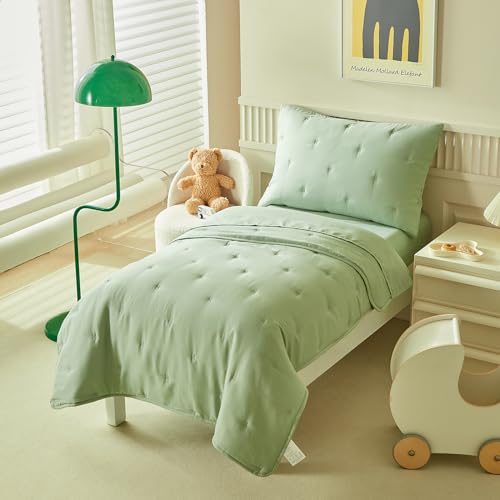 DuShow Green 4 Pieces Toddler Bedding Set for Boys GirlsEmbroidery Microfiber Crib Bed Sheets Set Soft Boho Comforter Set Bed in a BagInclude Quilted ComforterFlat SheetFitted SheetPillowcase - Image 3