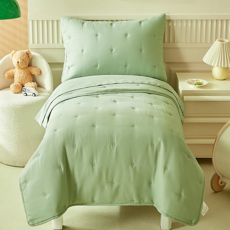 DuShow Green 4 Pieces Toddler Bedding Set for Boys GirlsEmbroidery Microfiber Crib Bed Sheets Set Soft Boho Comforter Set Bed in a BagInclude Quilted ComforterFlat SheetFitted SheetPillowcase - Image 2