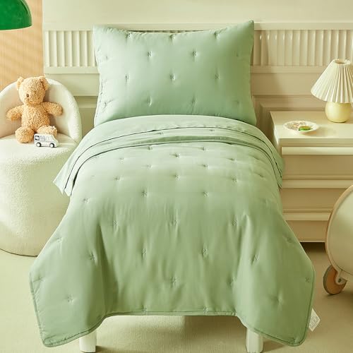 DuShow Green 4 Pieces Toddler Bedding Set for Boys GirlsEmbroidery Microfiber Crib Bed Sheets Set Soft Boho Comforter Set Bed in a BagInclude Quilted ComforterFlat SheetFitted SheetPillowcase - Image 1