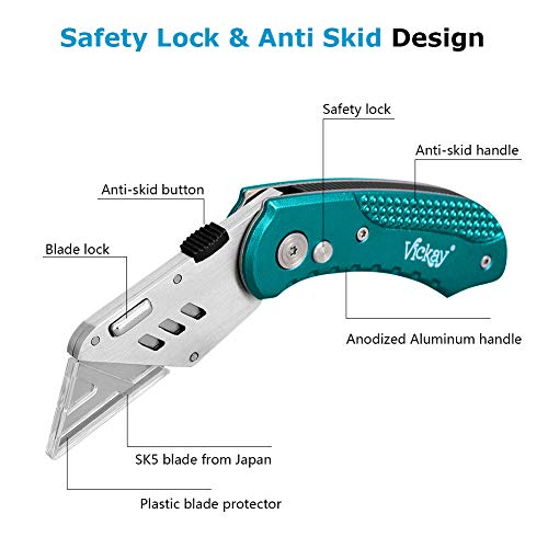 Vickay Box Cutter Knife Utility Knife with 5 SK5 Quick Change Blades, Safety Axis Lock Design Razor Knife, Lightweight Aluminum Body Belt Clip for Office - Image 2