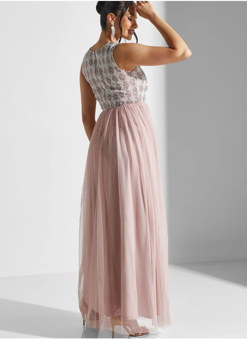 Lace and Beads Embellished Detail Plisse Dress
