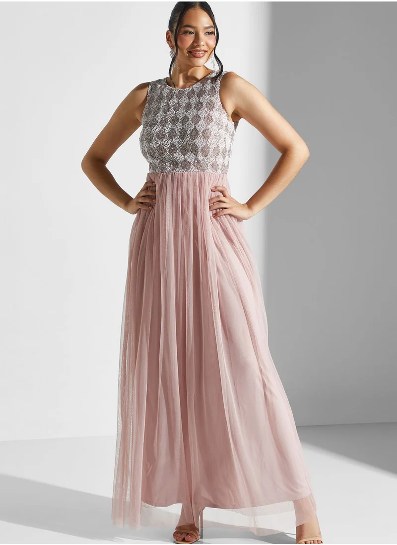 Lace and Beads Embellished Detail Plisse Dress
