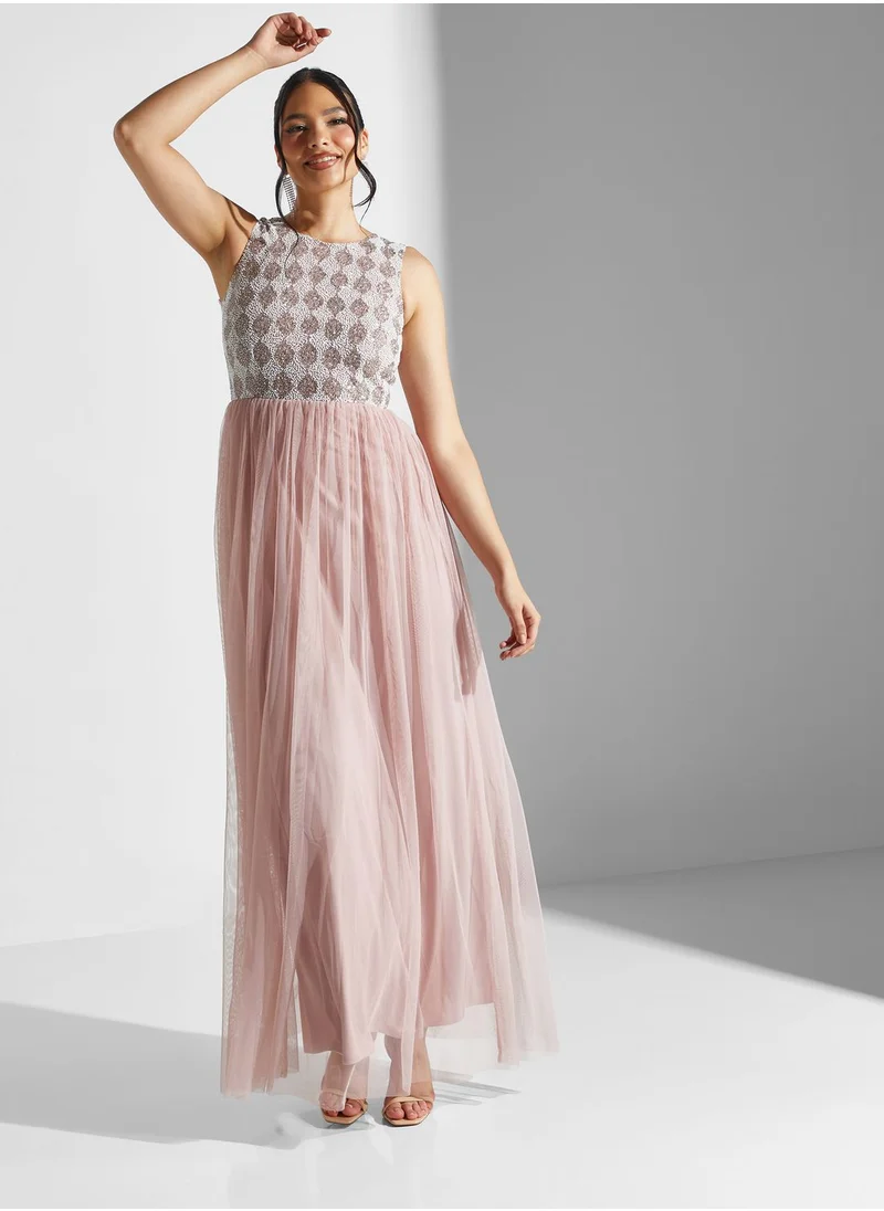 Lace and Beads Embellished Detail Plisse Dress