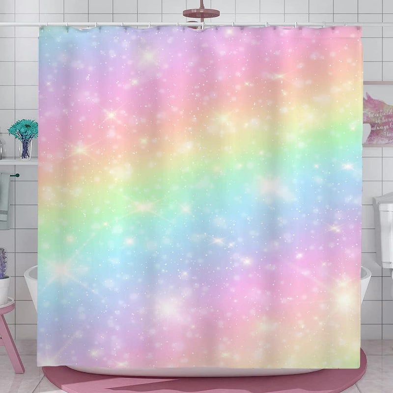 Rainbow Shower Curtain for Kids Girls Boho Colorful Multicolour Iridescent Rainbow Gradient Pastel Girly Shower Curtain Decor for Bath Fabric Curtains Bathroom Decor Sets with 12 Hooks 72x72 inch