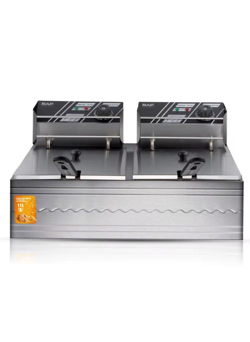 RAF Commercial Double Deep Fryer, 5.5L + 5.5L Capacity, Stainless Steel Electric Fryer with Temperature Control - Image 1