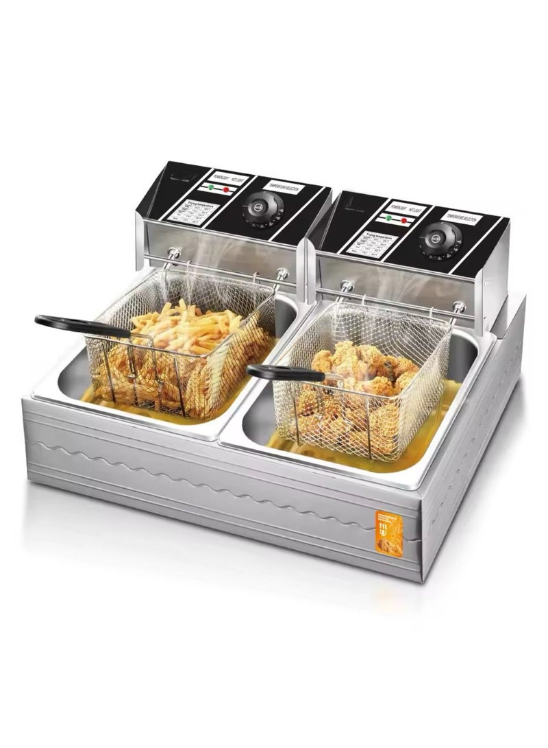 RAF Commercial Double Deep Fryer, 5.5L + 5.5L Capacity, Stainless Steel Electric Fryer with Temperature Control - Image 2