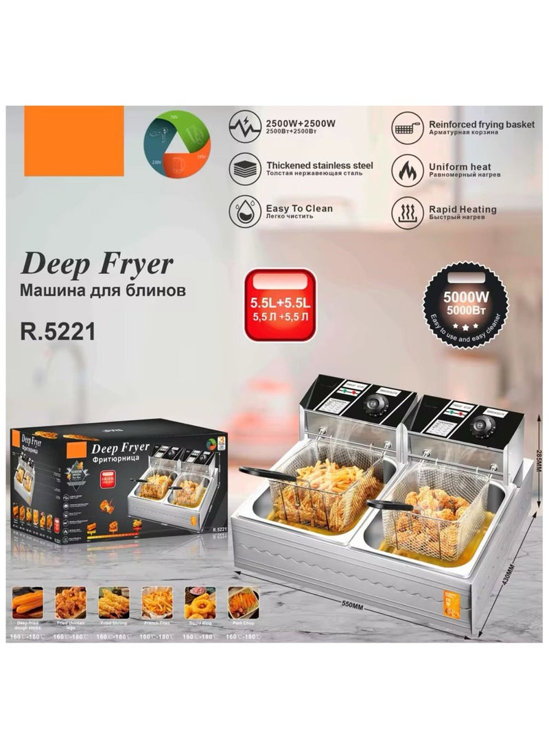 RAF Commercial Double Deep Fryer, 5.5L + 5.5L Capacity, Stainless Steel Electric Fryer with Temperature Control - Image 5