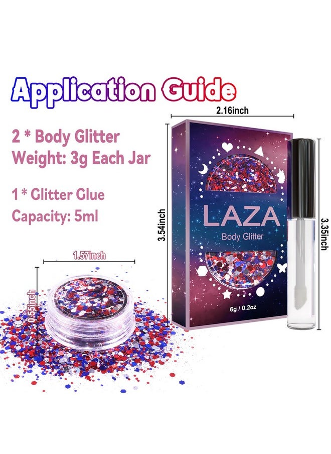 Laza Laza Independence Day Body Glitter, 2 Jars Olympic Red Blue White Chunky Sequins with Glue Women Eyeshadow 4th of July Face Paint Festival Rave Outfit Hair Accessories Party Costumes - Circus Carnival  - Image 2