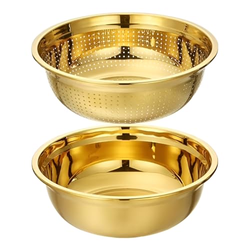 Kruvad Stainless Steel Colander Set – Gold 304 Steel Mixing Bowl with Microporous Strainer, Plain & Drain Basket – 2QT Rust-Resistant Rice Washer, Pasta Strainer & Vegetable/Fruit Dishwasher Safe - Image 1