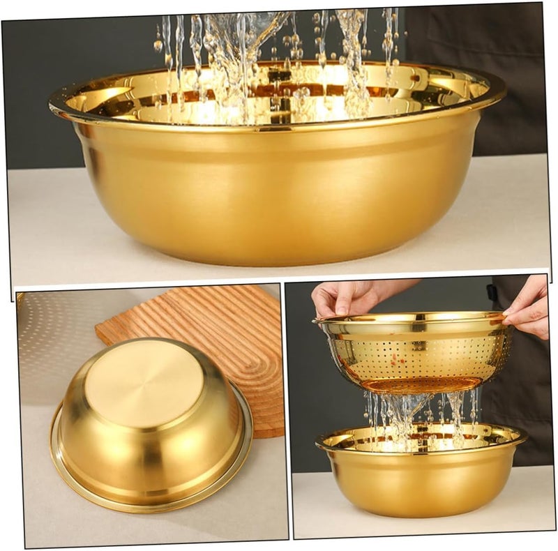 Kruvad Stainless Steel Colander Set – Gold 304 Steel Mixing Bowl with Microporous Strainer, Plain & Drain Basket – 2QT Rust-Resistant Rice Washer, Pasta Strainer & Vegetable/Fruit Dishwasher Safe - Image 2