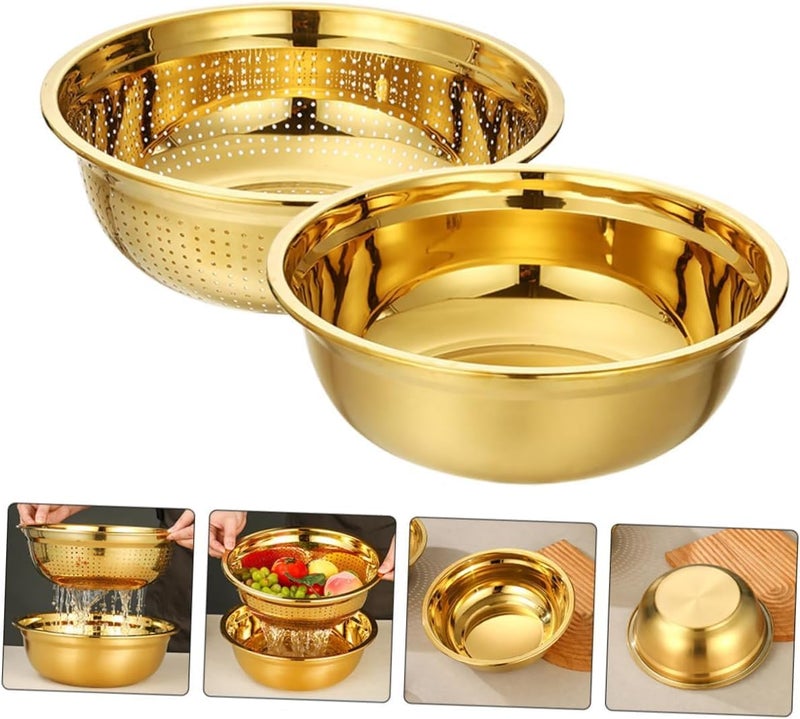 Kruvad Stainless Steel Colander Set – Gold 304 Steel Mixing Bowl with Microporous Strainer, Plain & Drain Basket – 2QT Rust-Resistant Rice Washer, Pasta Strainer & Vegetable/Fruit Dishwasher Safe - Image 5