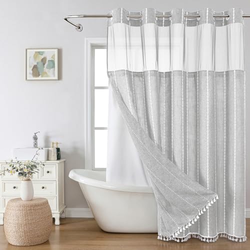 eachope Grey Farmhouse No Hook Shower Curtain Set with Snap-in Fabric Liner,Boho Heavy-Duty Linen Textured Rustic Striped Design,Water-Repellent with Tassels and Sheer Window,Gray,71x74 - Image 1