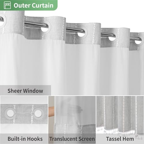 eachope Grey Farmhouse No Hook Shower Curtain Set with Snap-in Fabric Liner,Boho Heavy-Duty Linen Textured Rustic Striped Design,Water-Repellent with Tassels and Sheer Window,Gray,71x74 - Image 4