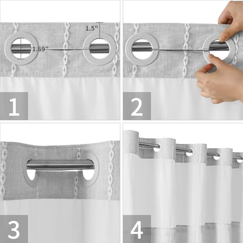 eachope Grey Farmhouse No Hook Shower Curtain Set with Snap-in Fabric Liner,Boho Heavy-Duty Linen Textured Rustic Striped Design,Water-Repellent with Tassels and Sheer Window,Gray,71x74 - Image 5