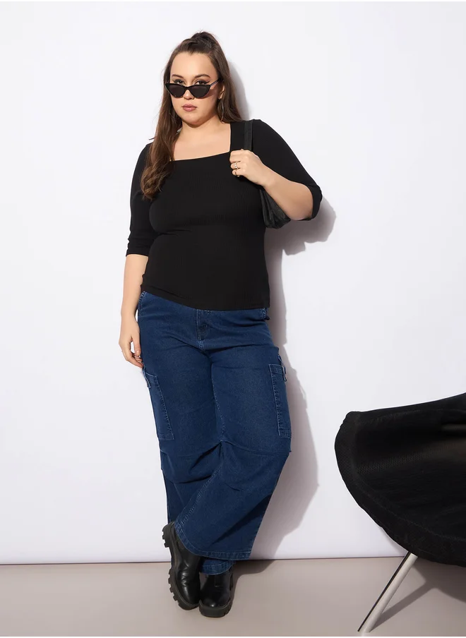 ساسافراس Plus Size Ribbed Square Neck Top
