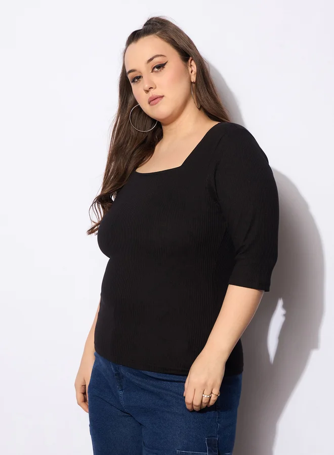 SASSAFRAS Plus Size Ribbed Square Neck Top