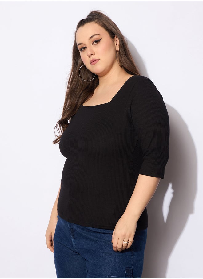 SASSAFRAS Plus Size Ribbed Square Neck Top  - Image 3
