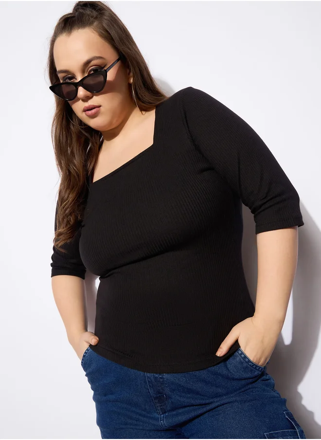 ساسافراس Plus Size Ribbed Square Neck Top
