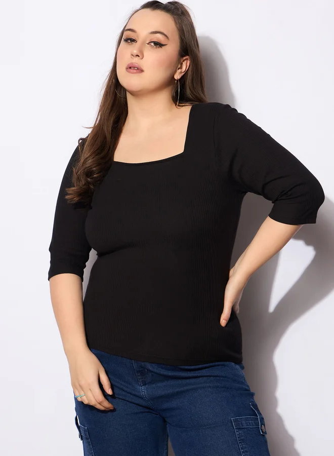 SASSAFRAS Plus Size Ribbed Square Neck Top