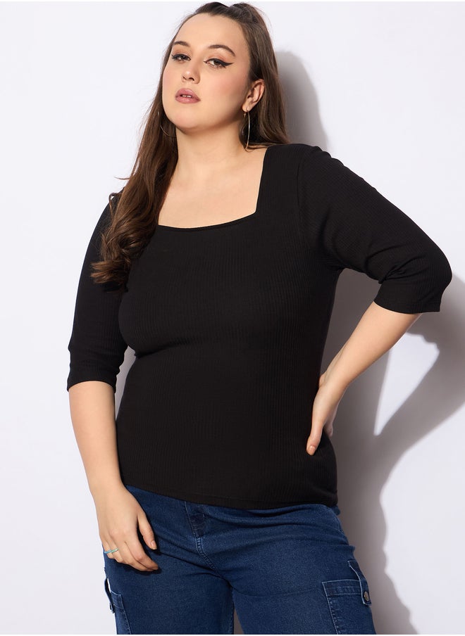 Plus Size Ribbed Square Neck Top