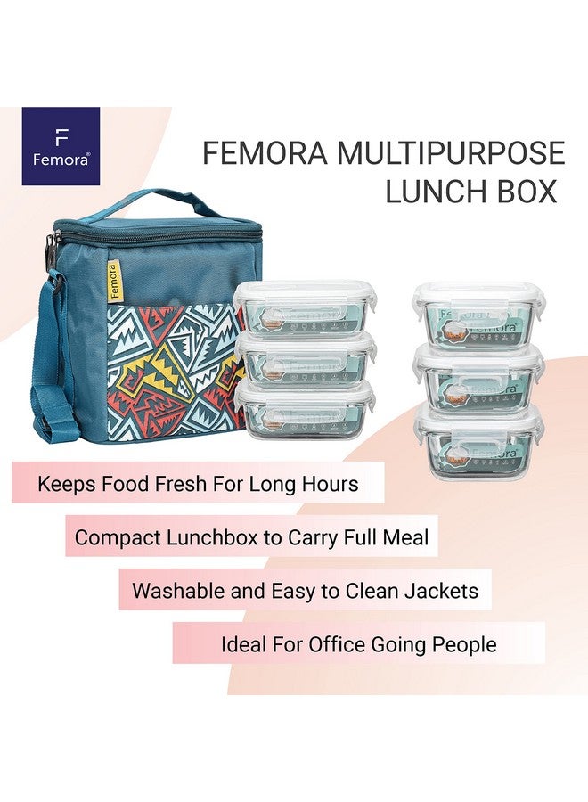 Femora Glass Lunch Box with Bag Set of 3 Containers (Rectangular- 400 ML, Rectangular- 620 ML) Clear, Microwavable Borosilicate Glaas, Ideal for College, Travel Office, Blue
