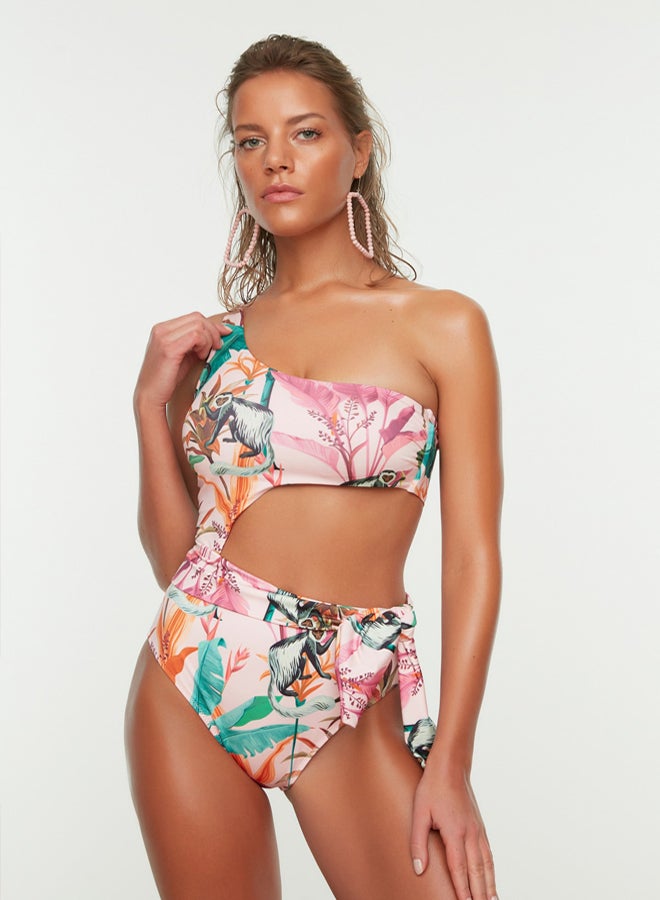 trendyol Tropical Patterned One Shoulder Cut Out/Windowed Regular Swimsuit - Image 2